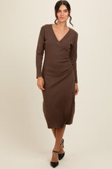 Brown Knit Crossover Ruched Midi Dress
