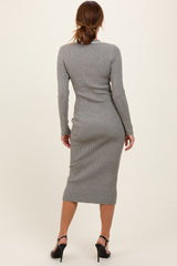 woman wearing a fitted grey ribbed midi dress with long sleeves, showing the back view