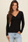 Black Ribbed V-Neck Long Sleeve Top