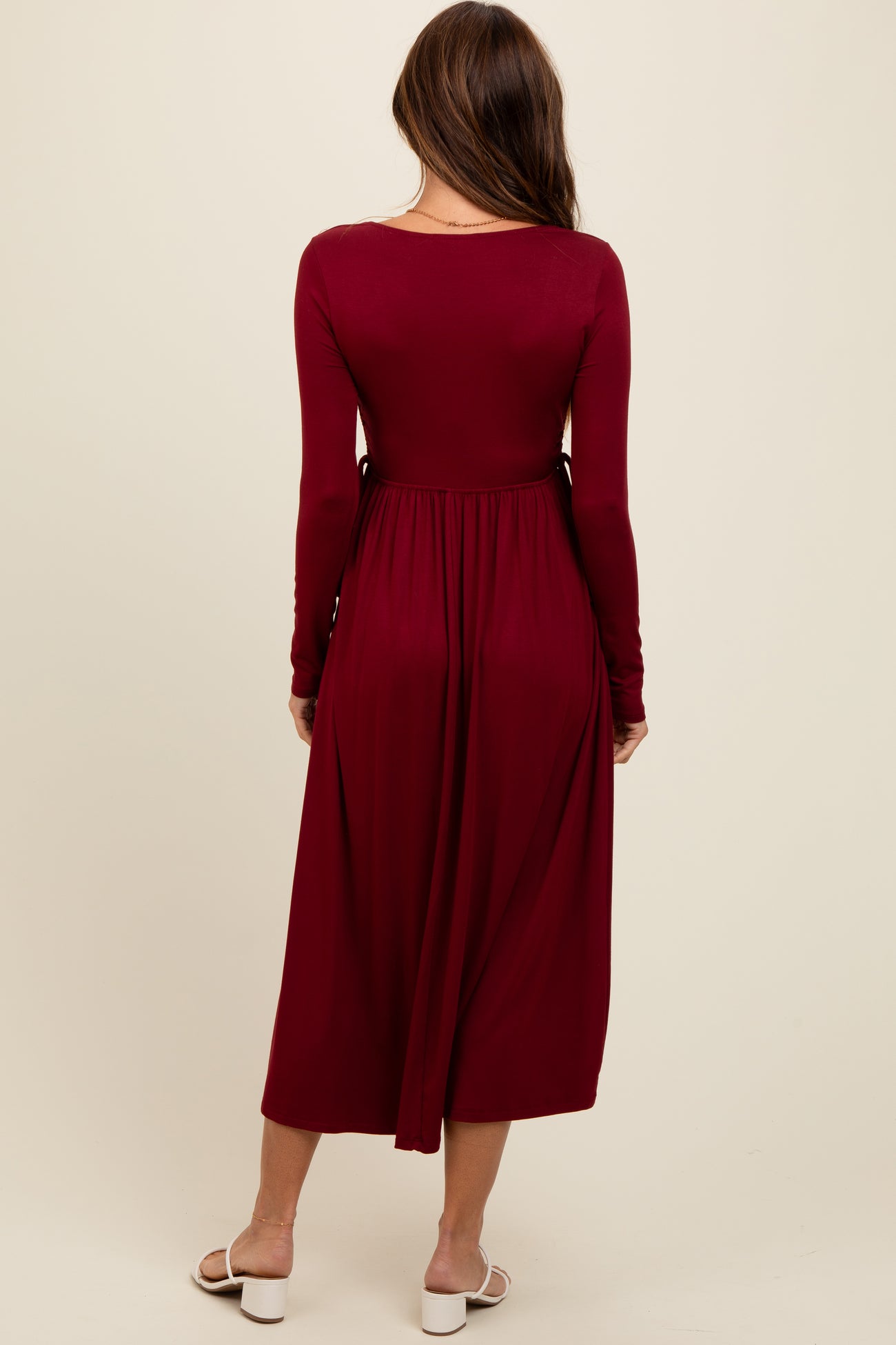 Burgundy Square Neck Long Sleeve Midi Dress