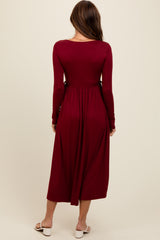 Burgundy Square Neck Long Sleeve Midi Dress