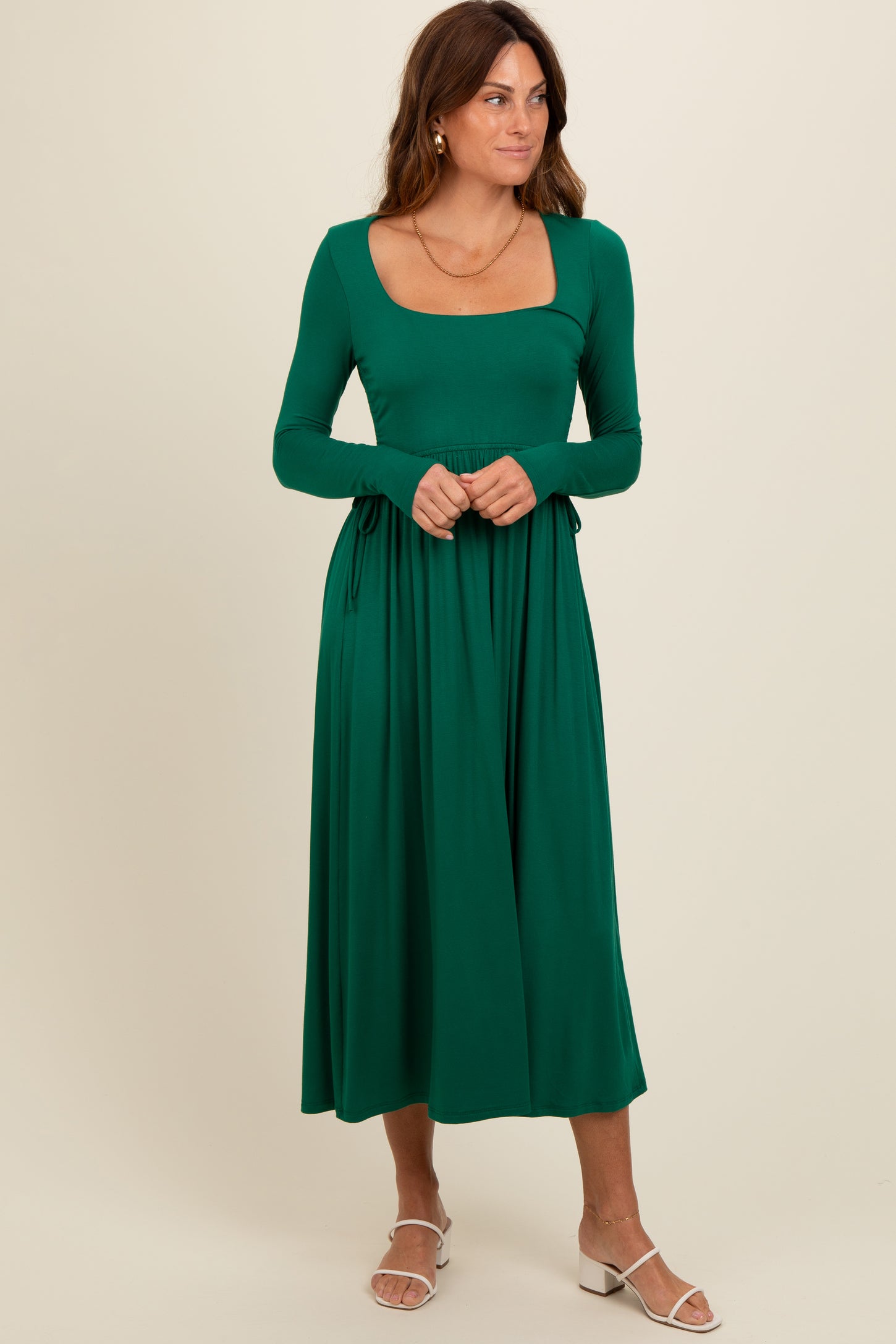 Forest Green Square Neck Long Sleeve Midi Dress