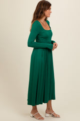Forest Green Square Neck Long Sleeve Midi Dress