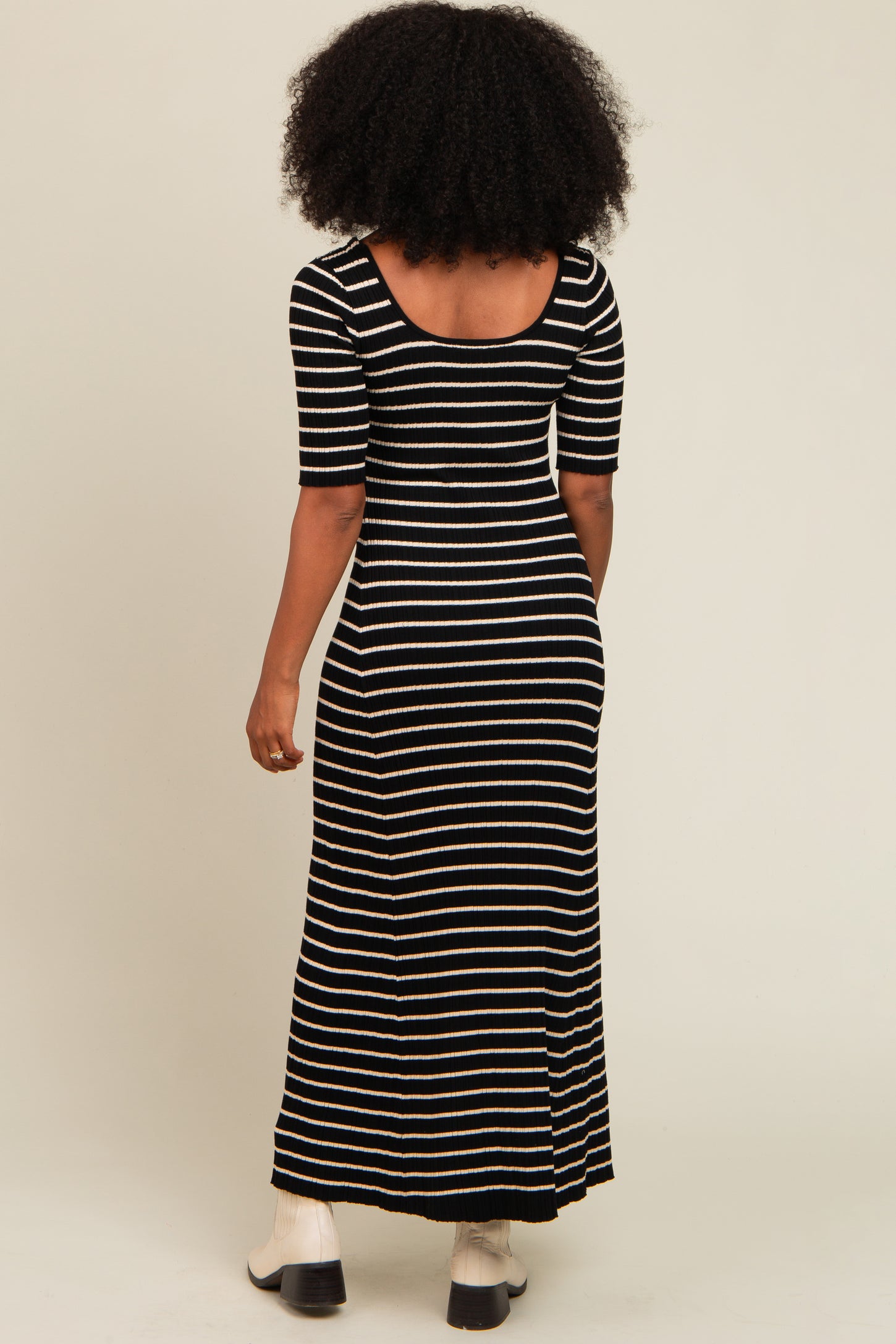 Black Striped Ribbed Short Sleeve Maxi Dress