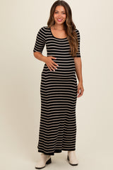 Black Striped Ribbed Short Sleeve Maternity Maxi Dress