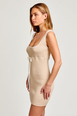 Beige White Stitch Detail Square Neck Sleeveless Sweater Dress