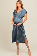 Blue Satin V-Neck Fringe Detail Maternity Midi Dress