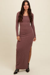 Burgundy Ribbed Long Sleeve Side Slit Maternity Maxi Dress