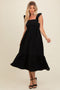 Black Textured Cotton Ruffle Strap Midi Dress