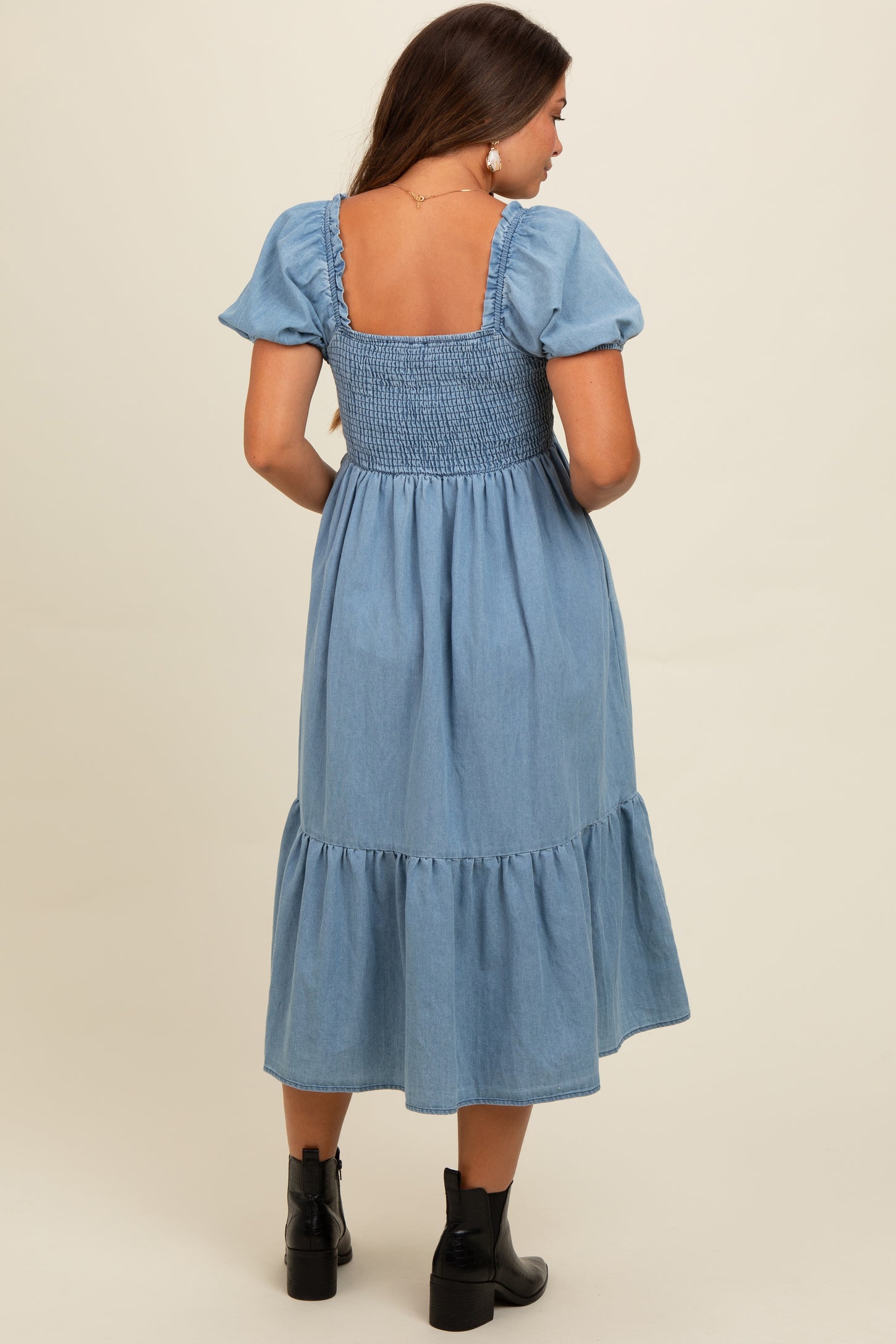 Light Blue Vintage Wash Chambray Smocked Maternity Midi Dress