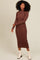Brown Ruffle Mock Neck Long Sleeve Midi Dress