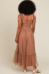 Camel Dotted Mesh Overlay Shoulder Tie Midi Dress