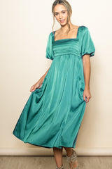 Emerald Green Satin Pleated Bodice Puff Sleeve Midi Dress