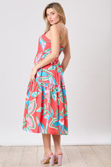 Red Multi Floral Print Tiered Midi Dress
