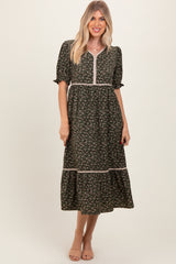Olive Floral Puff Sleeve Ruffle Hem Maternity Midi Dress