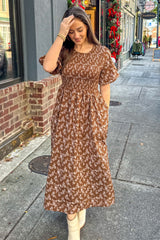 Brown Floral Smocked Midi Dress