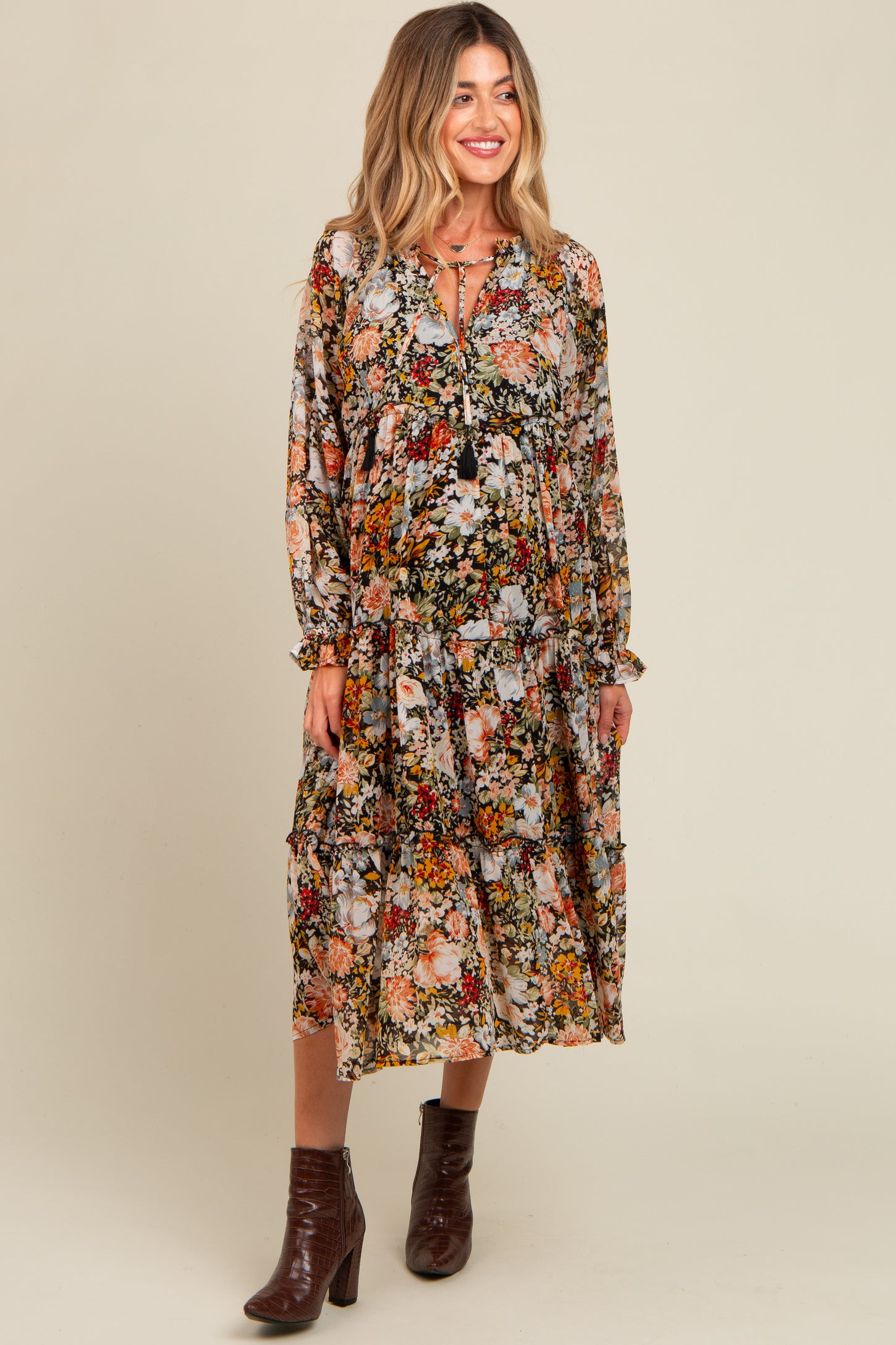 Black Floral Chiffon Front Tassel Tie Maternity Midi Dress