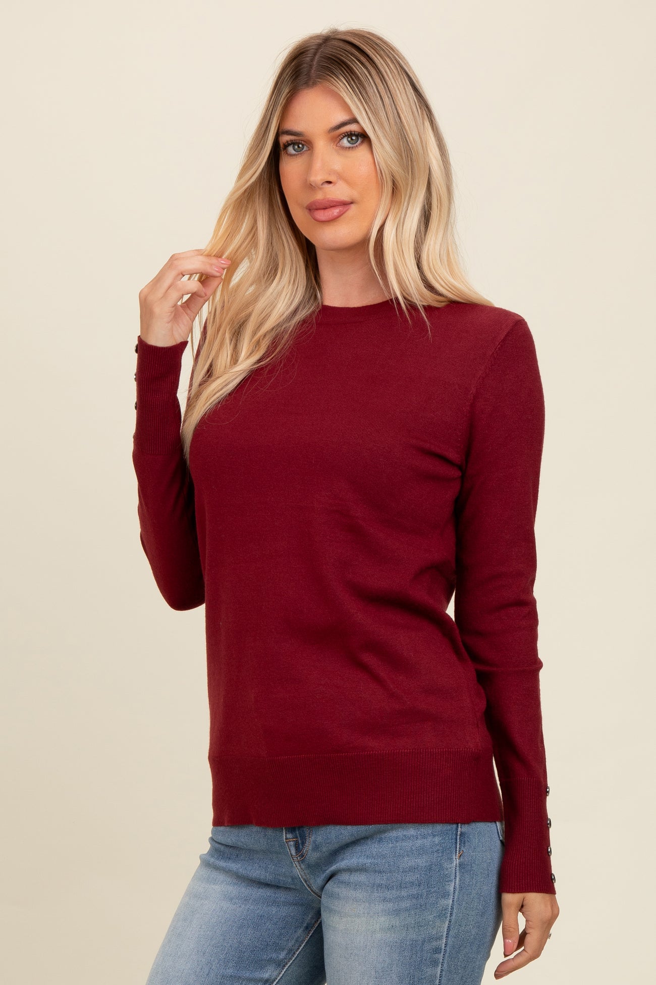 Burgundy Button Detail Cuff Sweater