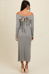 Heather Grey Off Shoulder Back Tie Sweater Midi Dress