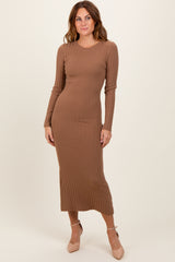 Mocha Ribbed Knit Fitted Maternity Midi Sweater Dress