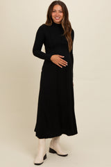 Black Ribbed Exposed Seam Mock Neck Maternity Dress