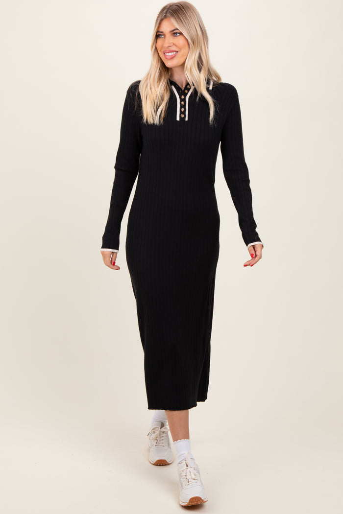Black Ribbed Contrast Trim Polo Midi Sweater Dress