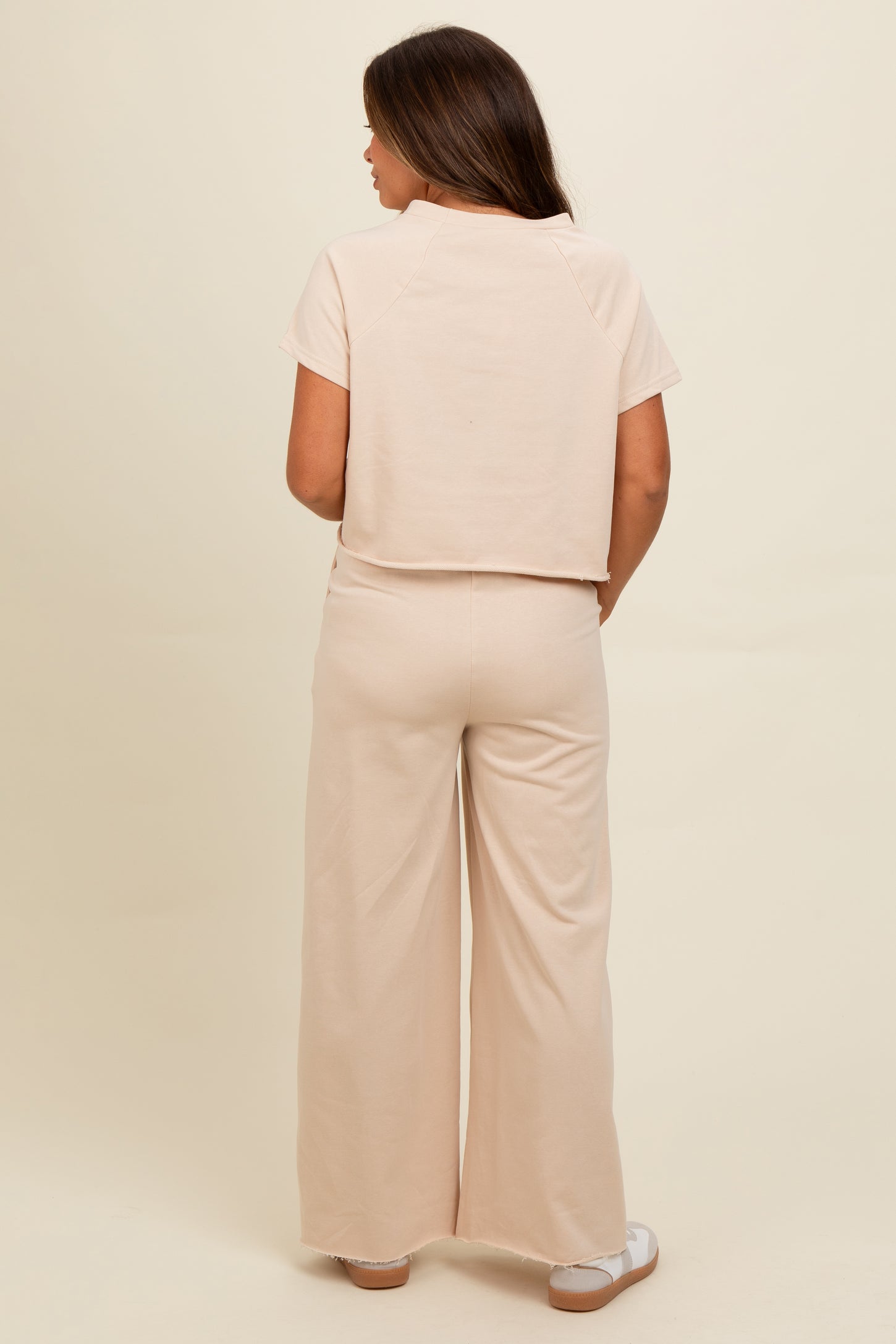 Beige Basic Tee And Wide Leg Pant Maternity Set