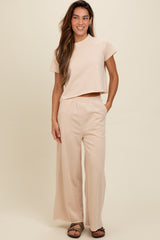 Beige Basic Tee And Wide Leg Pant Maternity Set