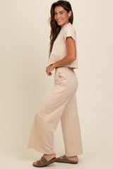 Beige Basic Tee And Wide Leg Pant Set