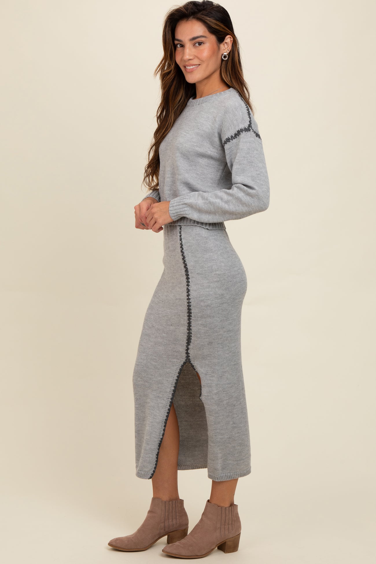 Heather Grey Contrast Stitch Knit Sweater And Maxi Skirt Set