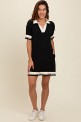 Black Knit Contrast Trim Collared Maternity Mini Dress