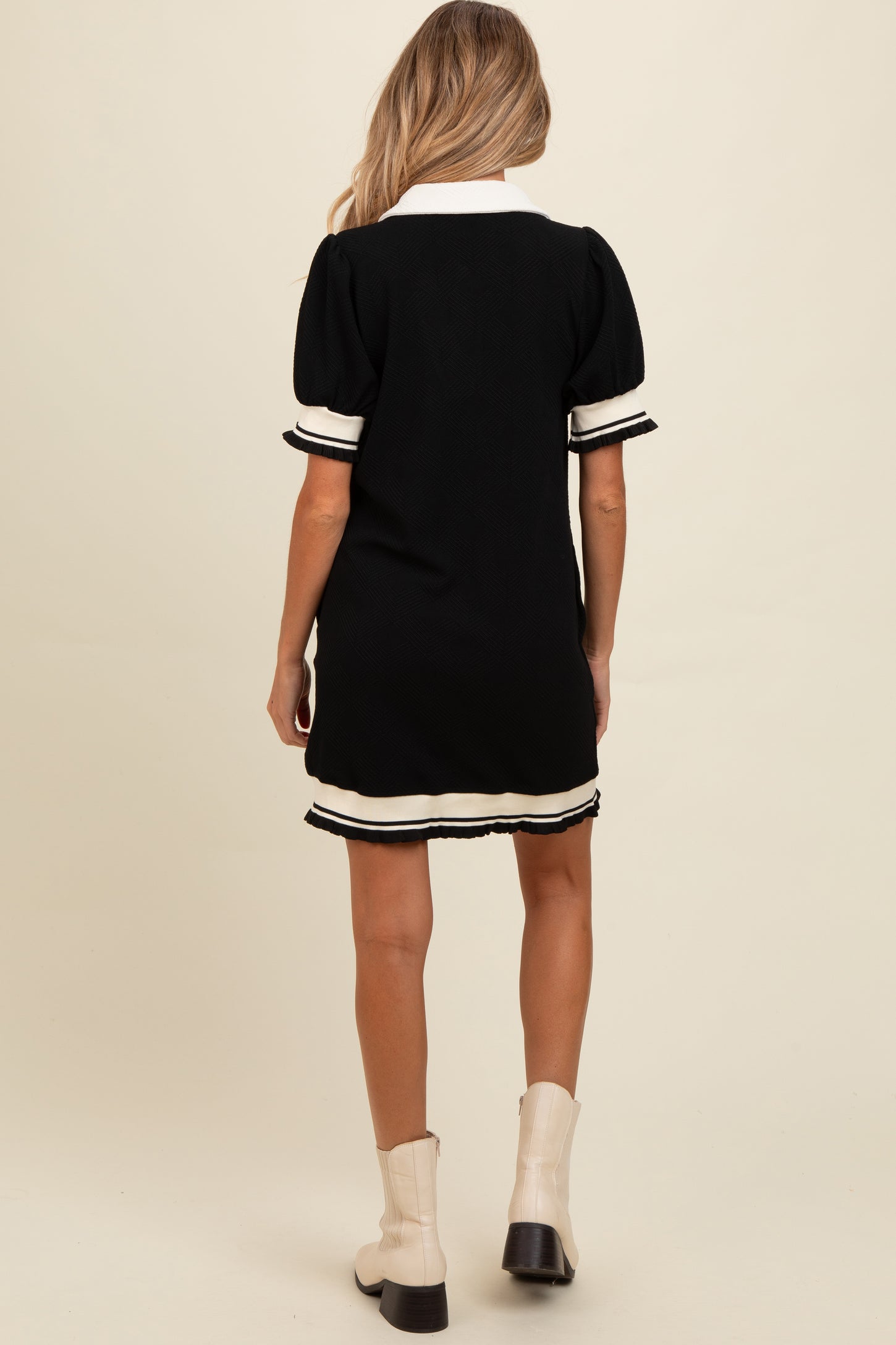 Black Knit Contrast Trim Collared Maternity Mini Dress