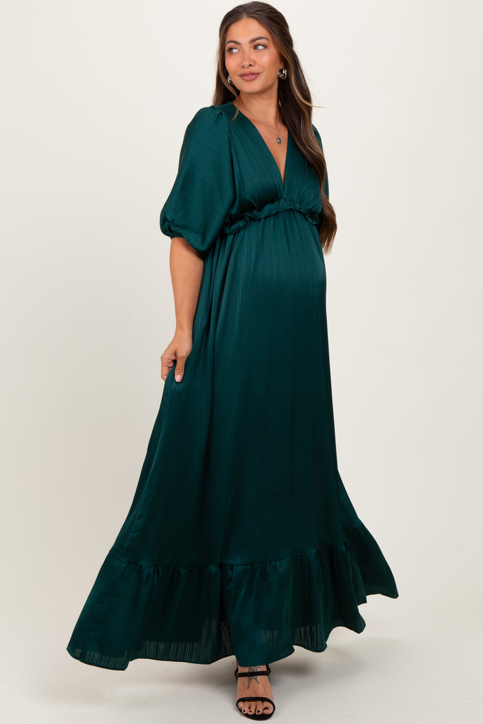 Forest Green Striped Ruffle Accent Maternity Maxi Dress