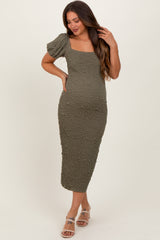 Olive Textured Square Neck Puff Sleeve Maternity Midi Dress
