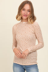 Beige Floral Bow Detail Long Sleeve Fitted Maternity Top