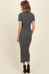 Charcoal Striped Mock Neck Fitted Midi Dress