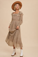 Brown Geometric Print Square Neck Midi Dress
