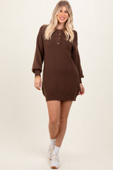 Brown Half Button Up Mini Sweater Dress