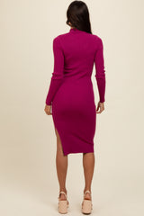 Magenta Ribbed Fitted Mock Neck Long Sleeve Midi Dress