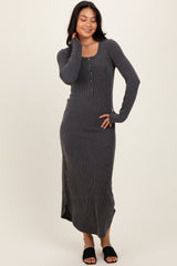 Charcoal Button Up Ribbed Knit Long Sleeve Midi Dress