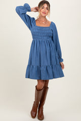 Blue Vintage Wash Chambray Smocked Maternity Midi Dress