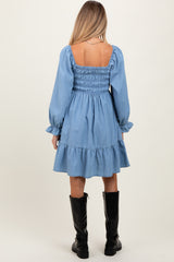 Light Blue Vintage Wash Chambray Smocked Maternity Midi Dress
