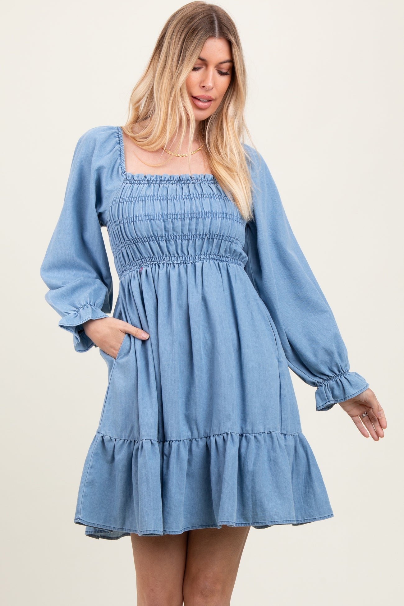 Light Blue Vintage Wash Chambray Smocked Midi Dress
