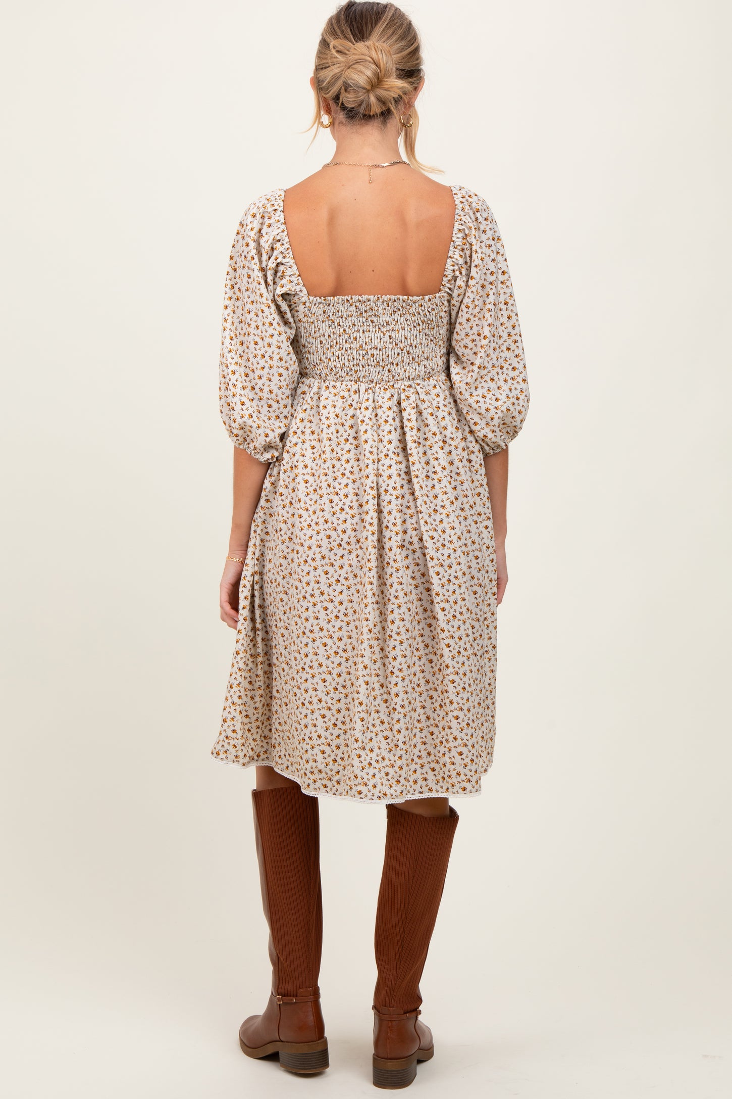 Cream Floral Pleated Bodice Lace Trim Maternity Midi Dress