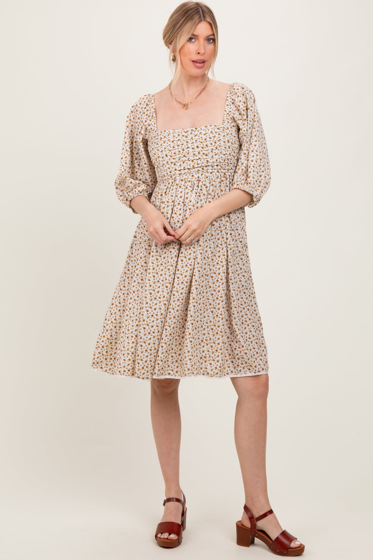 Cream Floral Pleated Bodice Lace Trim Midi Dress