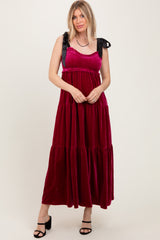 Burgundy Velvet Smocked Satin Shoulder Tie Maxi Dress