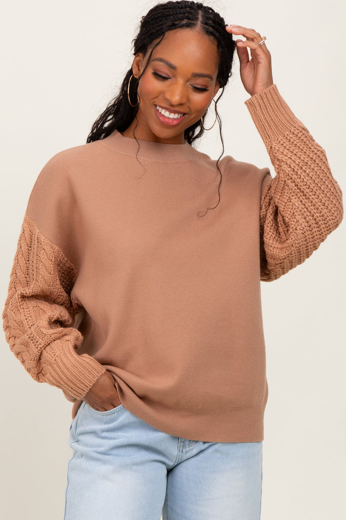 Camel Contrast Knit Sleeve Maternity Sweater