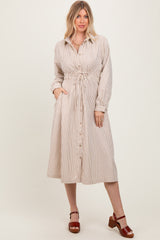 Mocha Striped Sash Tie Maternity Midi Shirt Dress