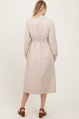 Mocha Striped Sash Tie Midi Shirt Dress