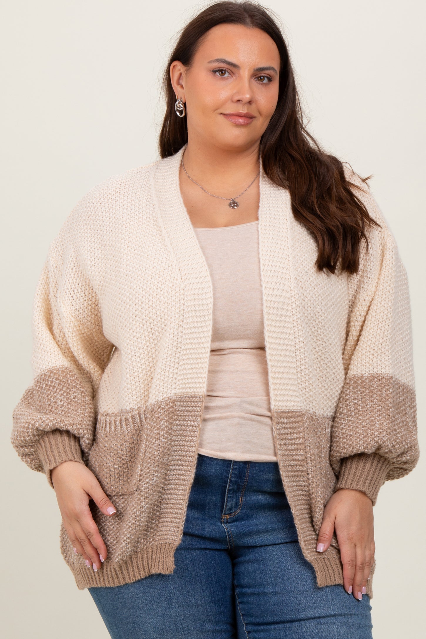 Cream Colorblock Bubble Sleeve Maternity Plus Cardigan
